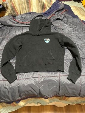 Stussy Black Hoodie with Blue Globe Chest Logo